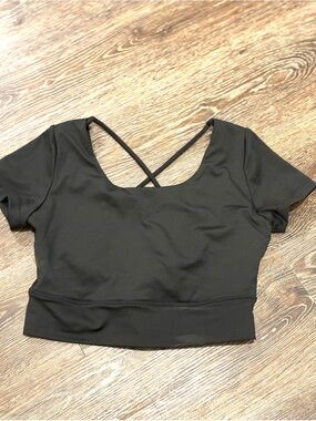 Black Short Sleeve Crop Top with Cross-Strap Back